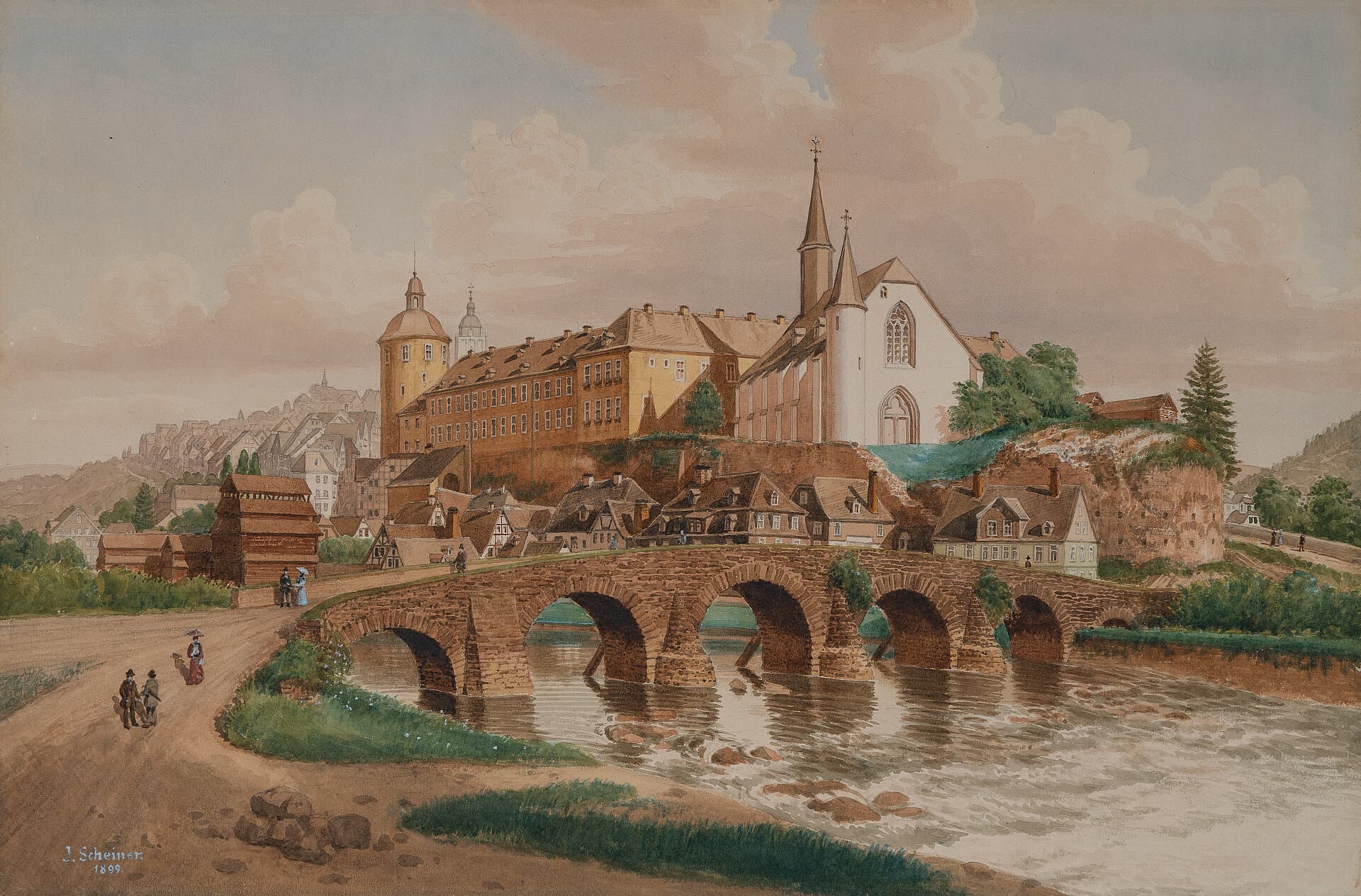 Object: S 60, Jakob Scheiner (1820 - 1911), Siegen um 1850: Siegbrücke, Martinikirche, Unteres Schloss